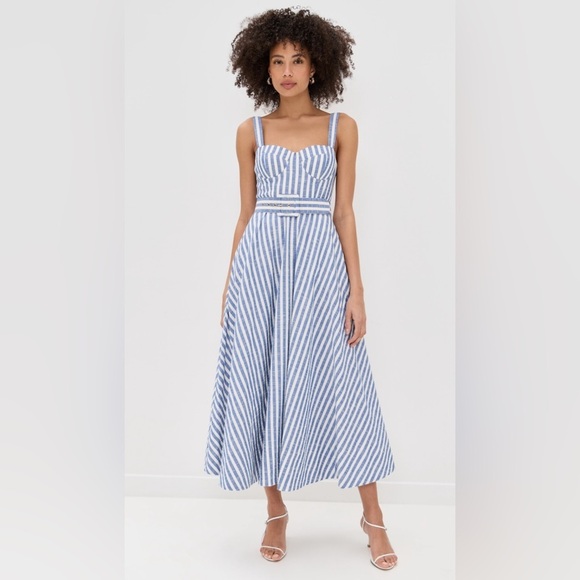 NEW Cara Cara Calypso Midi Dress Ivory Blue Striped Seersucker | US 2 UK 6 - Picture 1 of 14